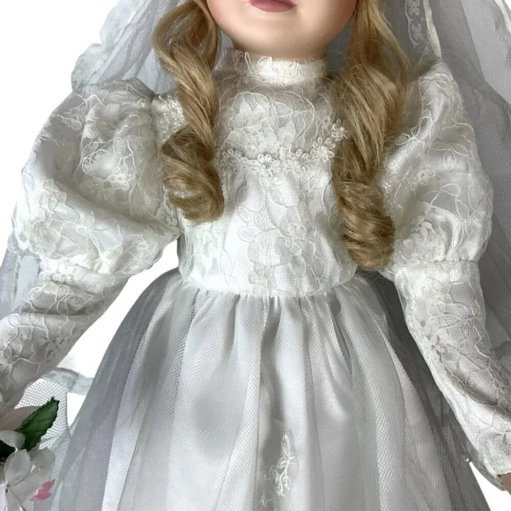 Vintage Porcelain Bride Doll Victorian Wedding Gown Blond Hair Bridal Doll 23 in